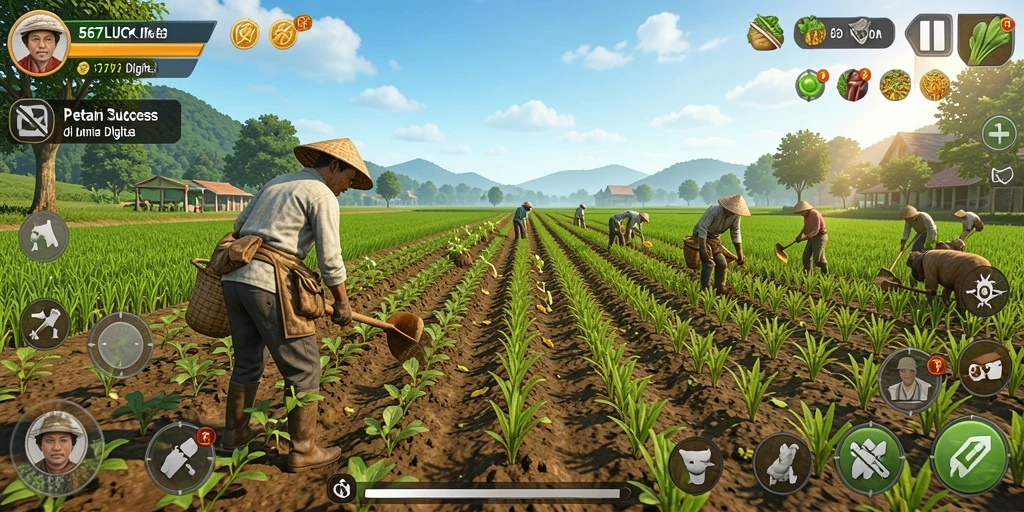 Tangkapan layar permainan 567LUCK menampilkan kebun yang indah dan aktivitas bertani.