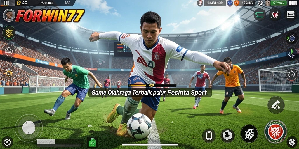 Tampilan screenshot utama FORWIN77 menunjukkan aksi seru dalam pertandingan olahraga.