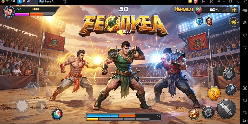 Gameplay pertarungan intens di SEHOKI dengan berbagai karakter.