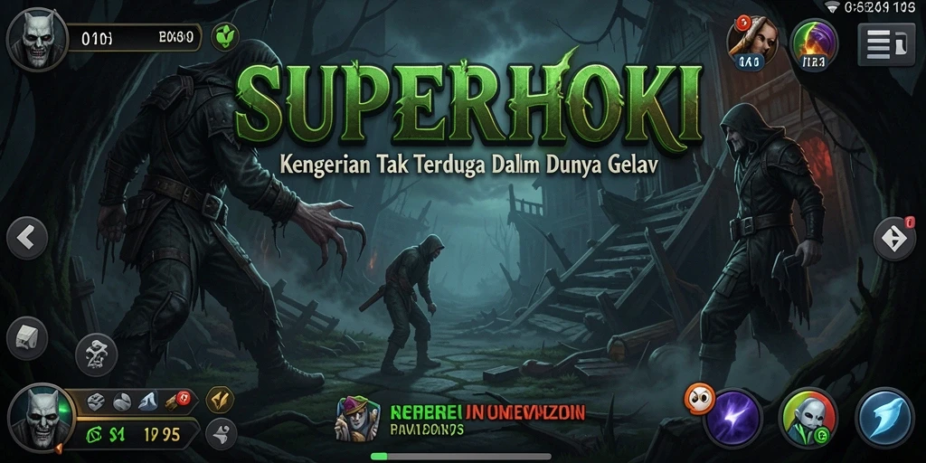 Screenshot gameplay SUPERHOKI yang menunjukkan suasana mencekam dan efek grafis yang menakutkan.